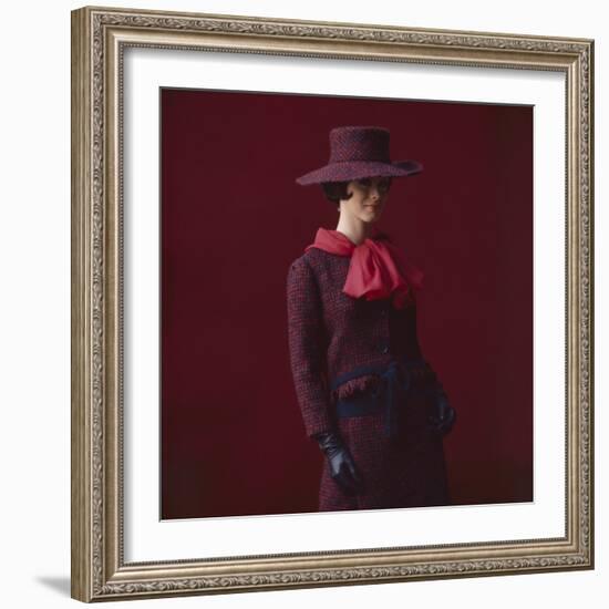 Model Dressed in a Matching Tweed Hat, Jacket, and Skirt by Yves St Laurent, Paris, France, 1962-Paul Schutzer-Framed Photographic Print