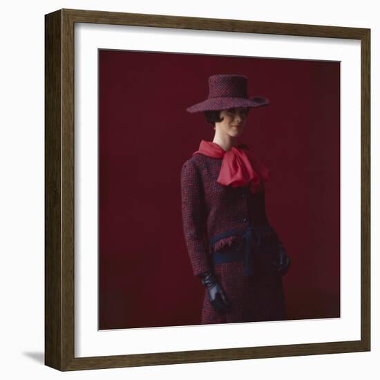 Model Dressed in a Matching Tweed Hat, Jacket, and Skirt by Yves St Laurent, Paris, France, 1962-Paul Schutzer-Framed Photographic Print