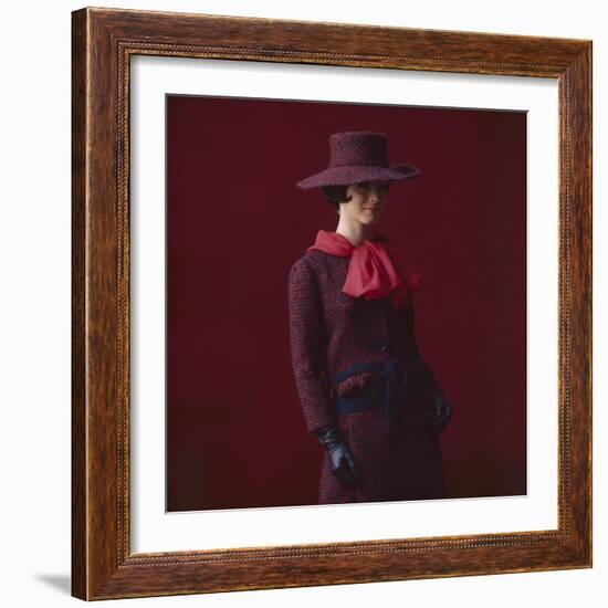 Model Dressed in a Matching Tweed Hat, Jacket, and Skirt by Yves St Laurent, Paris, France, 1962-Paul Schutzer-Framed Photographic Print