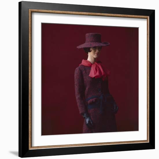 Model Dressed in a Matching Tweed Hat, Jacket, and Skirt by Yves St Laurent, Paris, France, 1962-Paul Schutzer-Framed Photographic Print