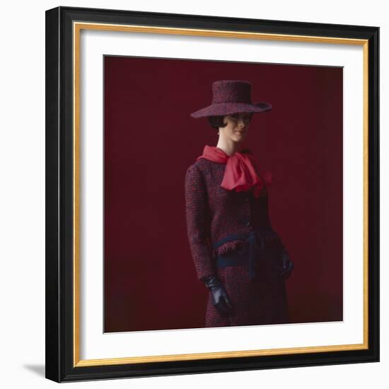 Model Dressed in a Matching Tweed Hat, Jacket, and Skirt by Yves St Laurent, Paris, France, 1962-Paul Schutzer-Framed Photographic Print