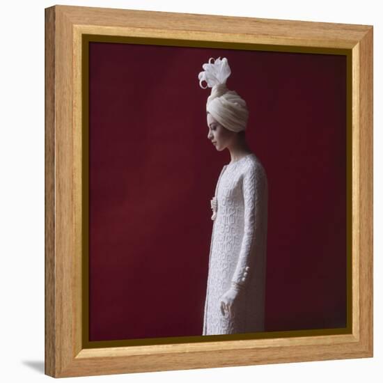 Model Dressed in a White Turban, Gloves, and Brocade Coat by Yves St Laurent, Paris, France, 1962-Paul Schutzer-Framed Premier Image Canvas