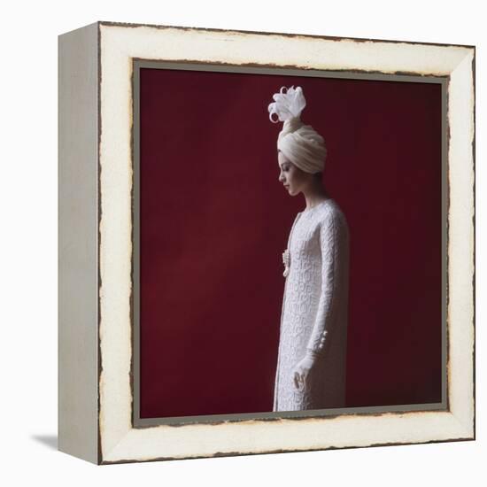 Model Dressed in a White Turban, Gloves, and Brocade Coat by Yves St Laurent, Paris, France, 1962-Paul Schutzer-Framed Premier Image Canvas