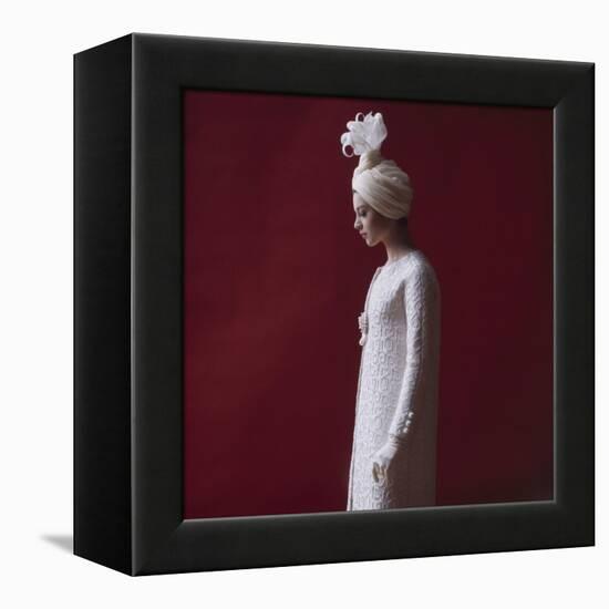 Model Dressed in a White Turban, Gloves, and Brocade Coat by Yves St Laurent, Paris, France, 1962-Paul Schutzer-Framed Premier Image Canvas