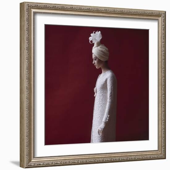 Model Dressed in a White Turban, Gloves, and Brocade Coat by Yves St Laurent, Paris, France, 1962-Paul Schutzer-Framed Photographic Print