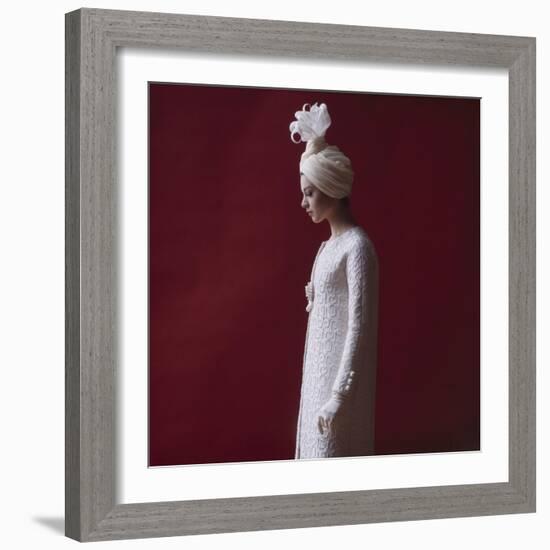 Model Dressed in a White Turban, Gloves, and Brocade Coat by Yves St Laurent, Paris, France, 1962-Paul Schutzer-Framed Photographic Print