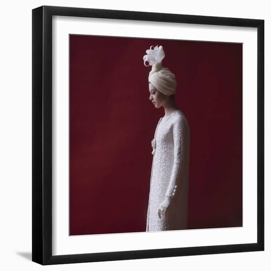 Model Dressed in a White Turban, Gloves, and Brocade Coat by Yves St Laurent, Paris, France, 1962-Paul Schutzer-Framed Photographic Print