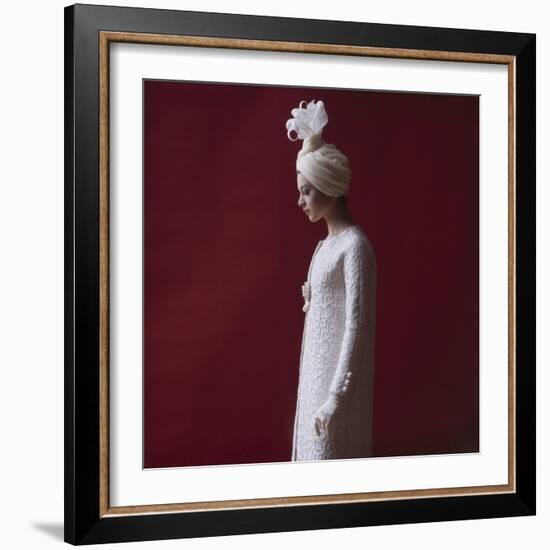 Model Dressed in a White Turban, Gloves, and Brocade Coat by Yves St Laurent, Paris, France, 1962-Paul Schutzer-Framed Photographic Print