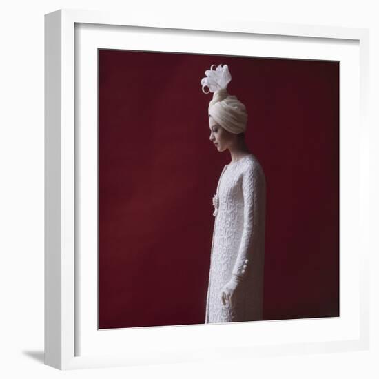 Model Dressed in a White Turban, Gloves, and Brocade Coat by Yves St Laurent, Paris, France, 1962-Paul Schutzer-Framed Photographic Print