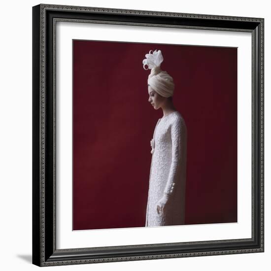 Model Dressed in a White Turban, Gloves, and Brocade Coat by Yves St Laurent, Paris, France, 1962-Paul Schutzer-Framed Photographic Print