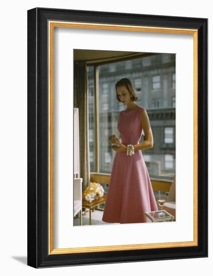 Model in a Pink, Trigere-Designed Cocktail Dress, New York, New York, 1954-Nina Leen-Framed Photographic Print