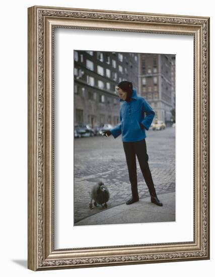 Model in a Tom Brigance-Designed Outfit, Walks a Poodle on a City Street, New York, NY, 1954-Nina Leen-Framed Photographic Print