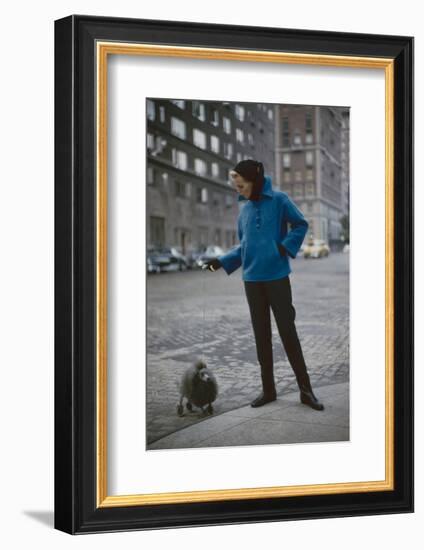 Model in a Tom Brigance-Designed Outfit, Walks a Poodle on a City Street, New York, NY, 1954-Nina Leen-Framed Photographic Print