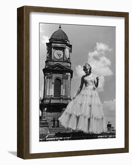 Model in Frilly Party Gown Featuring Tulle Embroidered in Paillettes for Sale at Neiman Marcus-Alfred Eisenstaedt-Framed Photographic Print