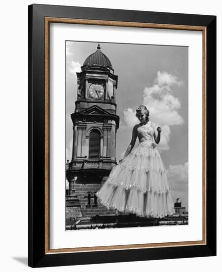 Model in Frilly Party Gown Featuring Tulle Embroidered in Paillettes for Sale at Neiman Marcus-Alfred Eisenstaedt-Framed Photographic Print