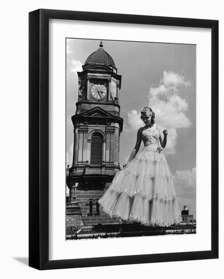 Model in Frilly Party Gown Featuring Tulle Embroidered in Paillettes for Sale at Neiman Marcus-Alfred Eisenstaedt-Framed Photographic Print