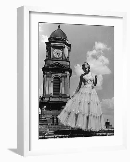 Model in Frilly Party Gown Featuring Tulle Embroidered in Paillettes for Sale at Neiman Marcus-Alfred Eisenstaedt-Framed Photographic Print