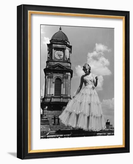 Model in Frilly Party Gown Featuring Tulle Embroidered in Paillettes for Sale at Neiman Marcus-Alfred Eisenstaedt-Framed Photographic Print