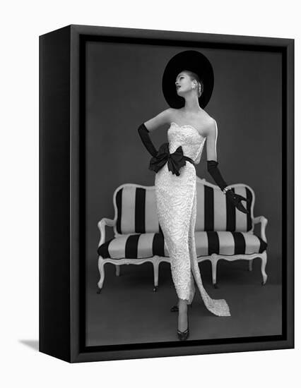 Model in John Cavanagh's Strapless Evening Gown, Spring 1957-John French-Framed Premier Image Canvas