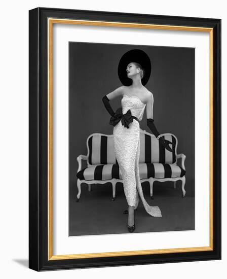 Model in John Cavanagh's Strapless Evening Gown, Spring 1957-John French-Framed Giclee Print