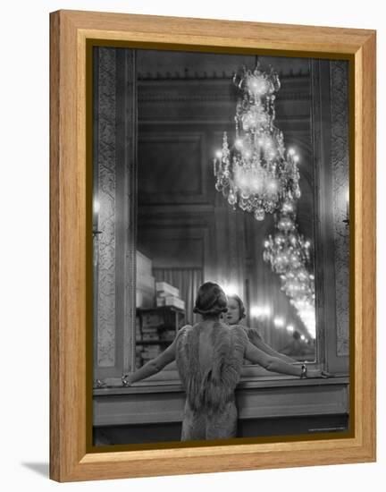 Model in Ostrich Feather Trimmed Gown Pausing to Regard Herself in Grand Mirror of Molyneux Atelier-Alfred Eisenstaedt-Framed Premier Image Canvas