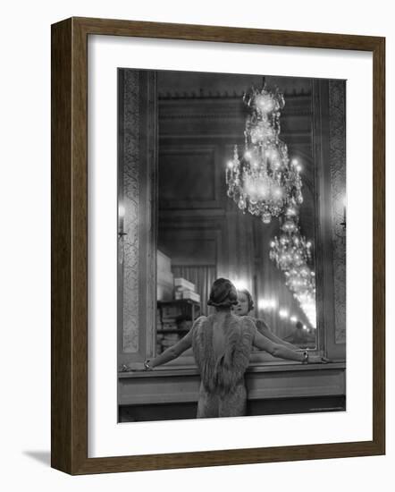 Model in Ostrich Feather Trimmed Gown Pausing to Regard Herself in Grand Mirror of Molyneux Atelier-Alfred Eisenstaedt-Framed Premium Photographic Print