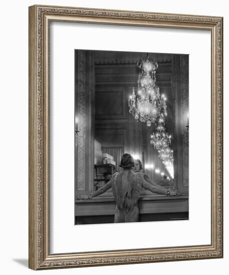 Model in Ostrich Feather Trimmed Gown Pausing to Regard Herself in Grand Mirror of Molyneux Atelier-Alfred Eisenstaedt-Framed Premium Photographic Print