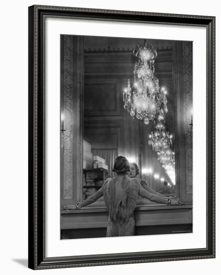 Model in Ostrich Feather Trimmed Gown Pausing to Regard Herself in Grand Mirror of Molyneux Atelier-Alfred Eisenstaedt-Framed Premium Photographic Print
