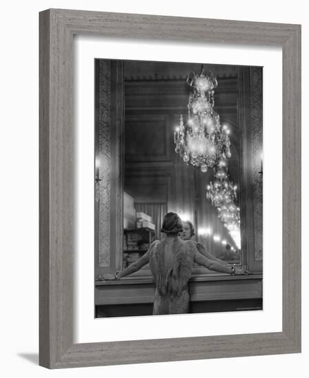 Model in Ostrich Feather Trimmed Gown Pausing to Regard Herself in Grand Mirror of Molyneux Atelier-Alfred Eisenstaedt-Framed Photographic Print