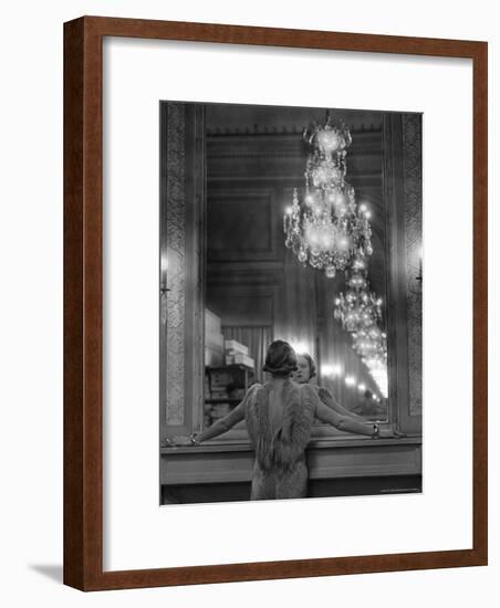 Model in Ostrich Feather Trimmed Gown Pausing to Regard Herself in Grand Mirror of Molyneux Atelier-Alfred Eisenstaedt-Framed Photographic Print