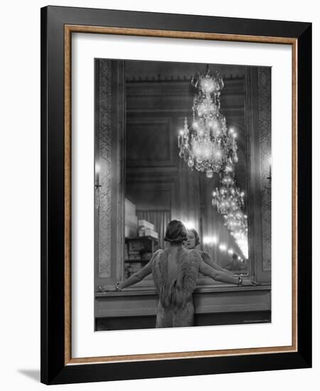 Model in Ostrich Feather Trimmed Gown Pausing to Regard Herself in Grand Mirror of Molyneux Atelier-Alfred Eisenstaedt-Framed Photographic Print