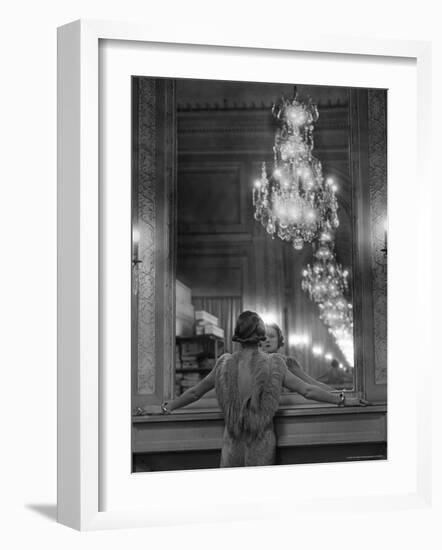 Model in Ostrich Feather Trimmed Gown Pausing to Regard Herself in Grand Mirror of Molyneux Atelier-Alfred Eisenstaedt-Framed Photographic Print