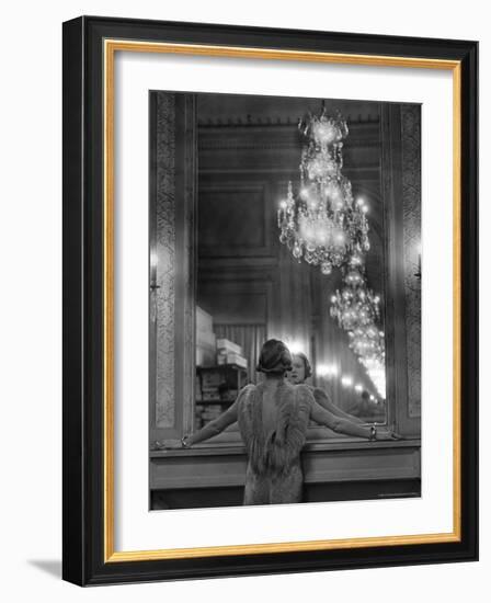 Model in Ostrich Feather Trimmed Gown Pausing to Regard Herself in Grand Mirror of Molyneux Atelier-Alfred Eisenstaedt-Framed Photographic Print