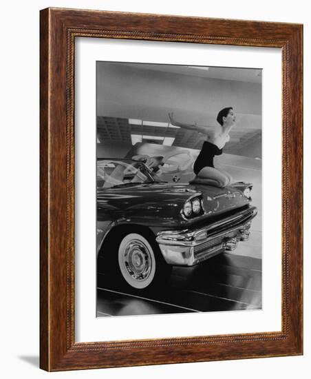 Model Jean Littleton in Swimsuit, Posing as Hood Ornament on the Front of a New de Soto Convertible-Walter Sanders-Framed Photographic Print