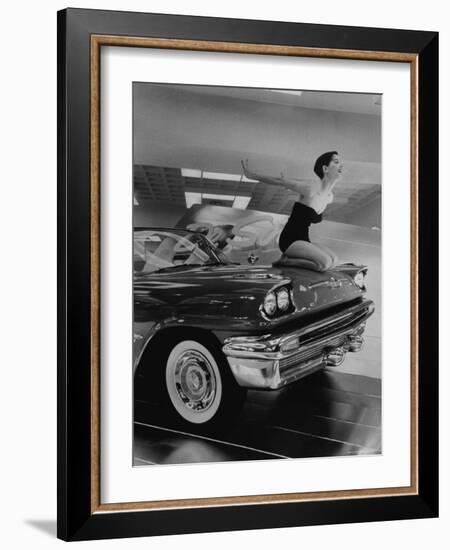 Model Jean Littleton in Swimsuit, Posing as Hood Ornament on the Front of a New de Soto Convertible-Walter Sanders-Framed Photographic Print