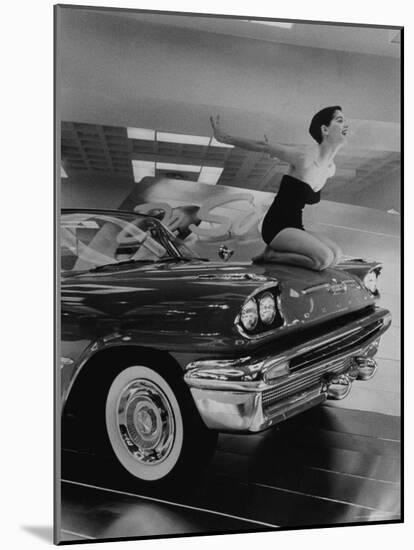 Model Jean Littleton in Swimsuit, Posing as Hood Ornament on the Front of a New de Soto Convertible-Walter Sanders-Mounted Photographic Print