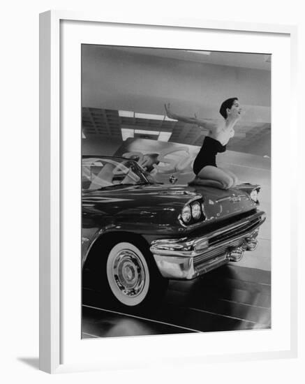 Model Jean Littleton in Swimsuit, Posing as Hood Ornament on the Front of a New de Soto Convertible-Walter Sanders-Framed Photographic Print