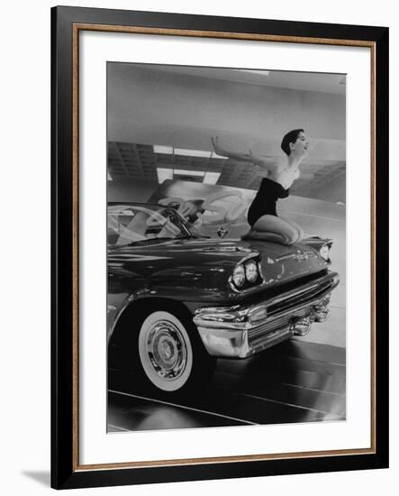 Model Jean Littleton in Swimsuit, Posing as Hood Ornament on the Front of a New de Soto Convertible-Walter Sanders-Framed Photographic Print