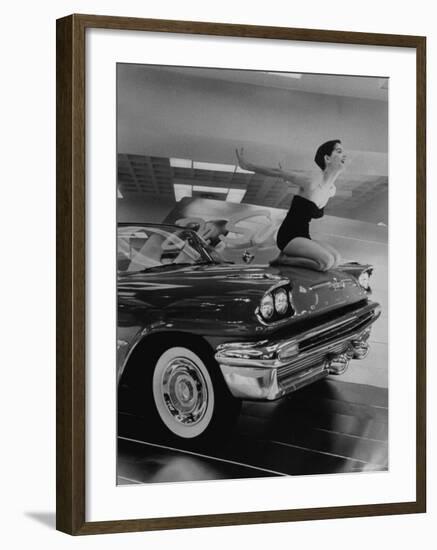 Model Jean Littleton in Swimsuit, Posing as Hood Ornament on the Front of a New de Soto Convertible-Walter Sanders-Framed Photographic Print