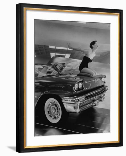 Model Jean Littleton in Swimsuit, Posing as Hood Ornament on the Front of a New de Soto Convertible-Walter Sanders-Framed Photographic Print