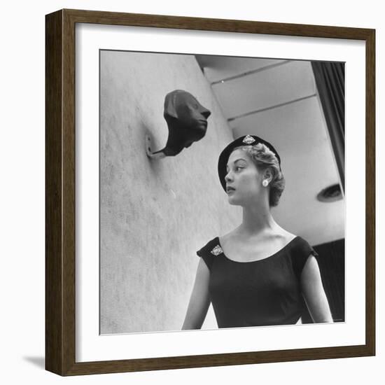 Model Jean Patchett Modeling Huge Woolworth Earrings, Pearls, and Rhinestone Clips-Nina Leen-Framed Photographic Print