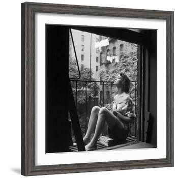 Model Jean Patchett on Fire Escape of Ford Modeling Agency, New York, New York, 1941-Nina Leen-Framed Photographic Print