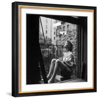 Model Jean Patchett on Fire Escape of Ford Modeling Agency, New York, New York, 1941-Nina Leen-Framed Photographic Print
