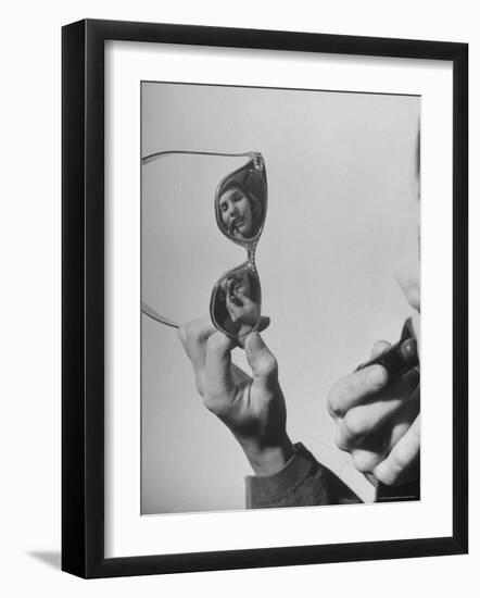 Model Lilly Fernandez Using Sunglasses as a Mirror-Martha Holmes-Framed Photographic Print