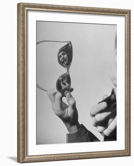 Model Lilly Fernandez Using Sunglasses as a Mirror-Martha Holmes-Framed Photographic Print