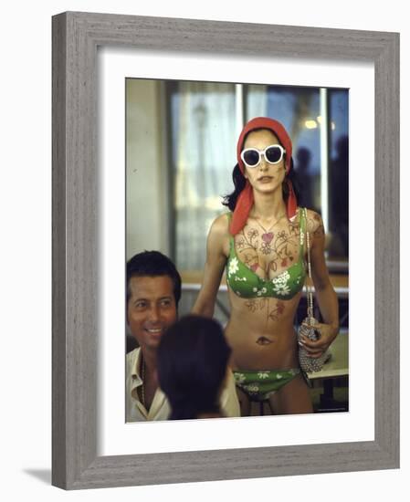 Model Naty Abascal Wearing Bikini, Showing Off Designs on Chest and Stomach at Paradise Islands-Bill Eppridge-Framed Photographic Print