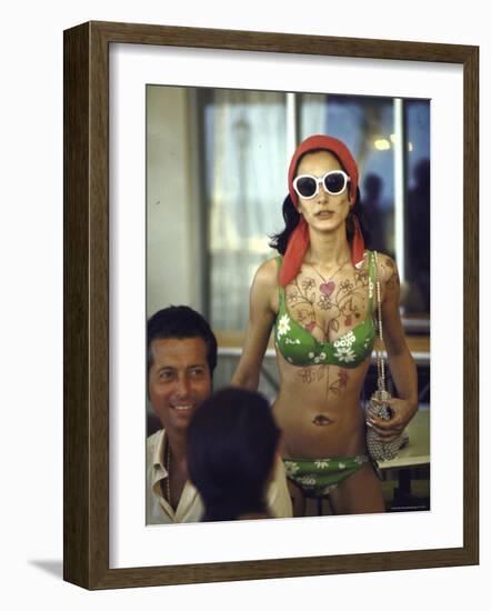 Model Naty Abascal Wearing Bikini, Showing Off Designs on Chest and Stomach at Paradise Islands-Bill Eppridge-Framed Photographic Print