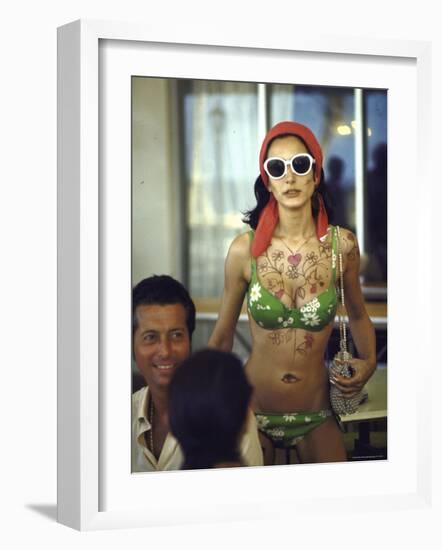 Model Naty Abascal Wearing Bikini, Showing Off Designs on Chest and Stomach at Paradise Islands-Bill Eppridge-Framed Photographic Print