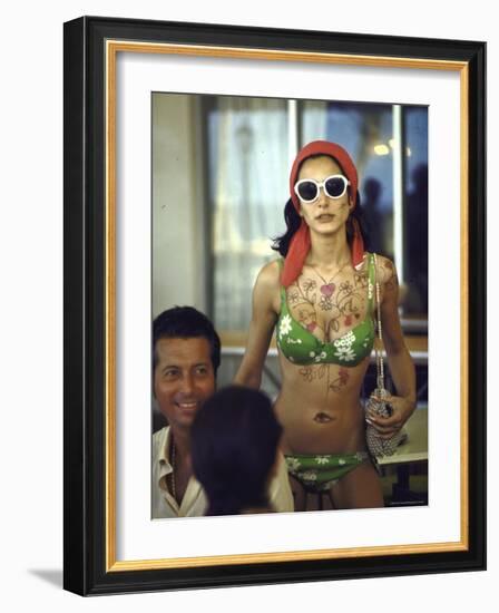 Model Naty Abascal Wearing Bikini, Showing Off Designs on Chest and Stomach at Paradise Islands-Bill Eppridge-Framed Photographic Print