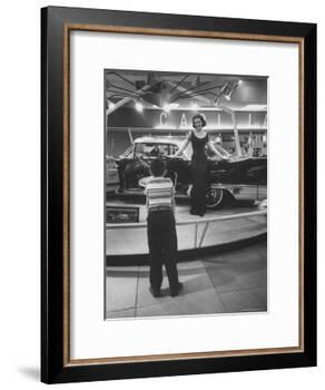 Model Posing Beside Cadillac Eldorado Captures Attention of Young Boy at National Automobile Show-Walter Sanders-Framed Photographic Print